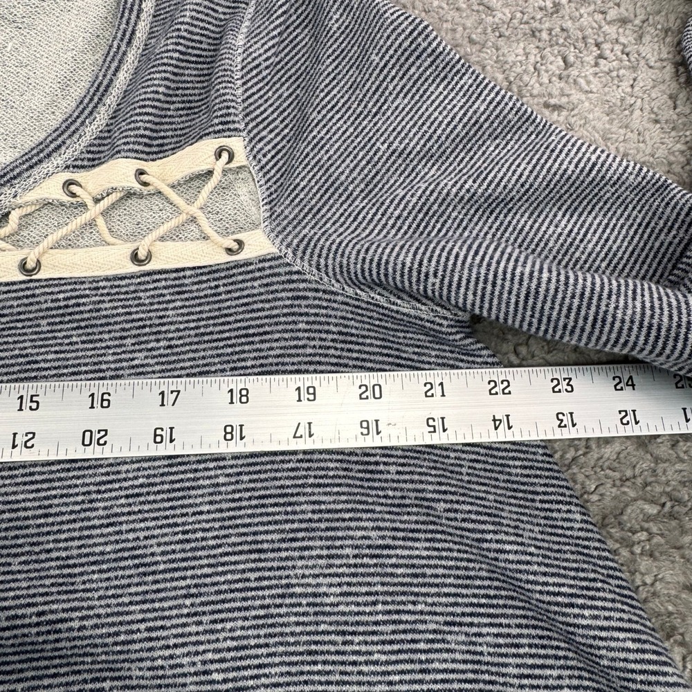 Free‎ People Blue White Striped Lace Up Long Sleeve Top Raw Hem Large OB522543 - Picture 4 of 9
